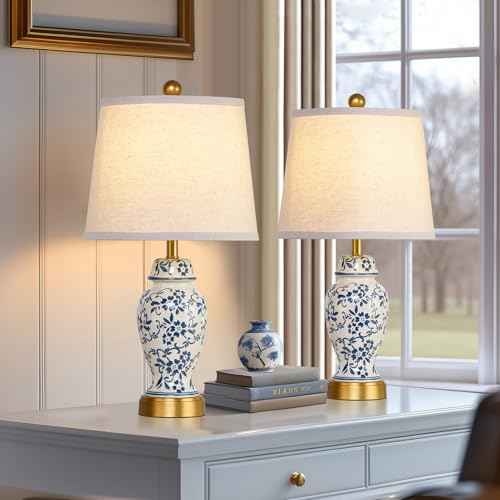 RORIANO Chinoiserie Ceramic Table Lamps Set of 2 for Living Room Bedroom Bedside, Traditional Blue Porcelain Classic Table Lamp for Nightstand Entryway, 2 LED Bulbs Included (Gold)