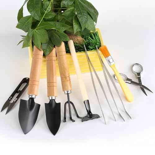9 Piece Basic Bonsai Tools Set, Includes Pruning Shears, Mini Rake, Fold Scissors and More