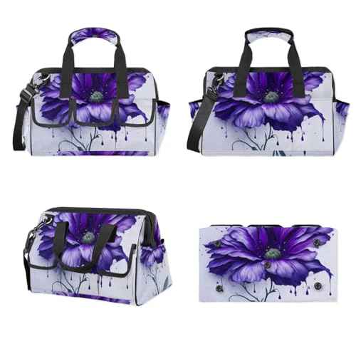 15 Inch Tool Bag 14-Pockets Tool Box Organizer for Men Big Floral Purple Tool Tote Bag Waterproof Toolbox with Shoulder Strap Heavy Duty Garden Tool Organizer for Mechanic