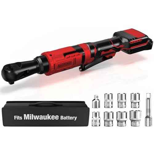 3/8 Inch Cordless Ratchet Wrench, for Milwaukee M18 Battery, 88Ft-Lbs, 0-400RPM, Electric Ratchet Wrench Set with Variable Speed Trigger, Reinforced Head, R&F Switch, 7 Sockets, 3/8" to 1/4" Adapter