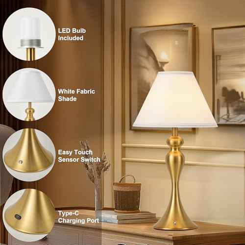 Cordless Bedside Lamp for Living Room, Table Lamp for Bedroom, 3-Way Dimmable Nightstand Lamp with Fabric Shade, Rechargeable Touch Led Desk Lamp Battery Operated Lamp for Dorm, Home Office (Brass)
