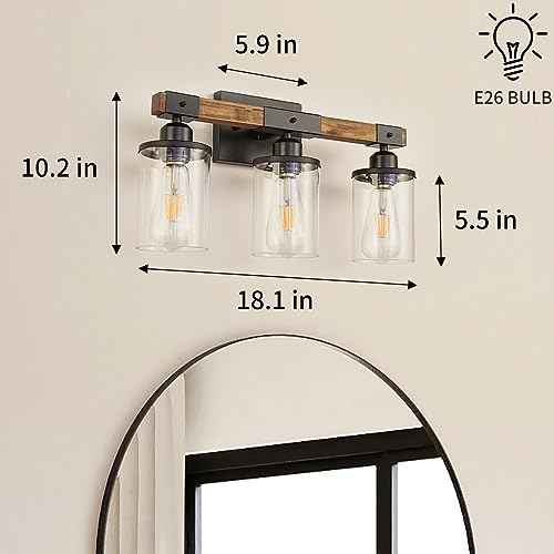 3-Light Bathroom Light Fixtures, Farmhouse Bathroom Vanity Light Rustic Wood Industrial Vintage Black Small Wall Light Sconce Lamp Over Mirror with Clear Glass Shade for Bedroom