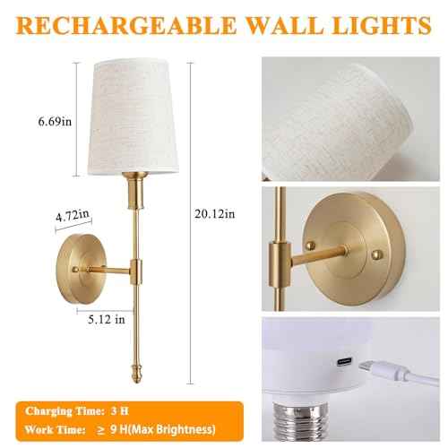 Battery Operated Wall Sconce Set of Two,Gold Wireless Modern with Remote Control Rechargeable Dimmable Lighting Indoor, LED Wall Lamp Fixtures for Bedroom, Living Room, 2-Pack