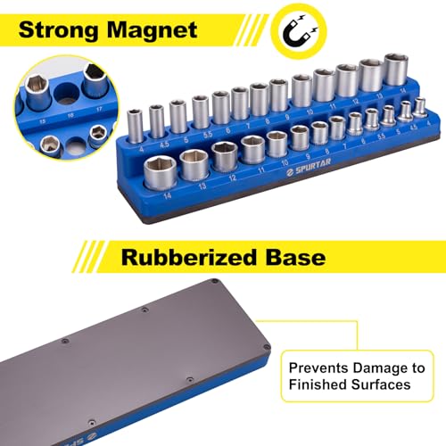 Spurtar Magnetic Socket Organizer 6Pcs, Metric and SAE Magnetic Socket Holder Includes 1/4", 3/8", 1/2" Drive Metric SAE Socket Organizer for Tool Box Drawer, Holds 143 Standard and Deep Size