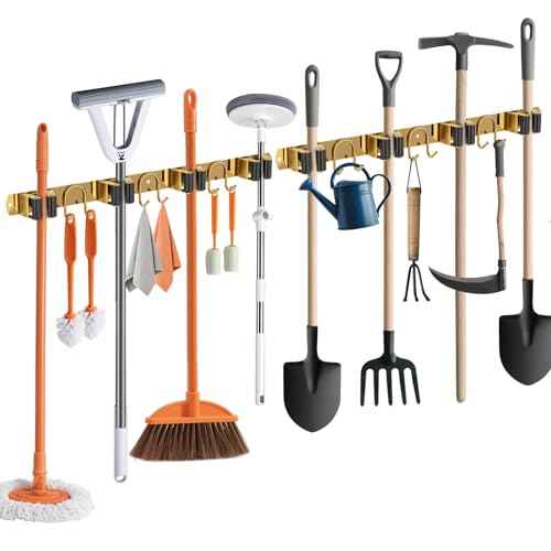 Mop Broom Holder Wall Mount, 2 Packs Gold Stainless Steel Tool Storage Organizer for Kitchen Garden Garage Laundry Room Bathroom and RV with 4 Slots 6 Hooks