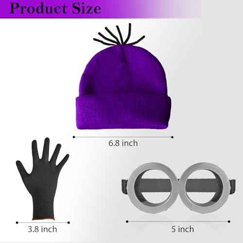 Halloween Costume Adult Accessories, Purple Beanie, Goggles Glasses and Gloves for Men Women Kids, Halloween Cosplay Party Set