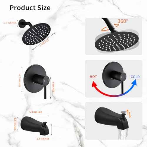 Black Tub Shower Faucet Set Complete with 6-Inch Rainfall Shower Head and Tub Spout Included Shower Valve Tub Shower Trim Kit Round Matte Black
