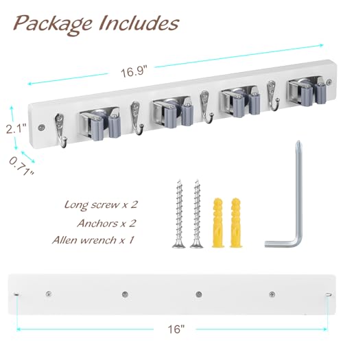 2 Pack Mop Broom Holder Wall Mount - White Wood Broom Mop Hanger - Wall Mounted Garden Tool Rack Organizer for Closet Garage Laundry Room, 4 Slots & 4 Hooks
