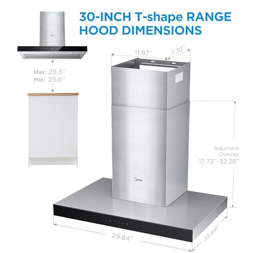 Midea MVT30W9AST Range 30 Inch 450CFM Vent T Shape Stove Hood with 5-Layer Aluminum Permanent Filters Kitchen Exhaust Fan, Ductless Convertible, 3 Speed, Stainless Steel