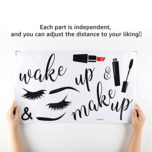 SUPERDANT PVC Wall Stickers Wake Up Make Up Eyelash Cosmetics Pattern Vinyl Lettering Wall Art Decals for Bedroom Powder Room Bathroom Decor 23"x14"