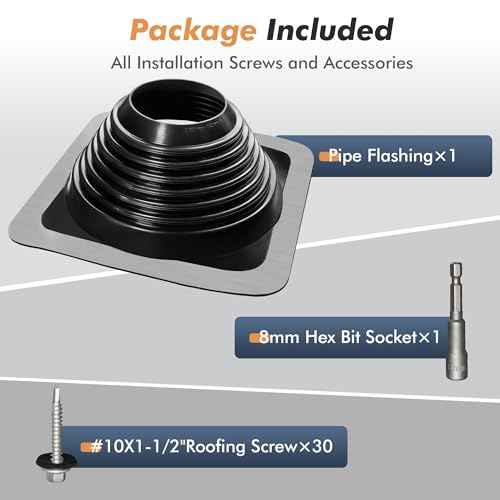 #6 Epdm Metal Roof Vent Boot, Flexible Roofing Boots Fits Pipe Od 4 3/4'' to 10'', Metal Roof Jacks Flashing for Houses Includ Roofing Screws & Hex, Black/ 1 Pcs
