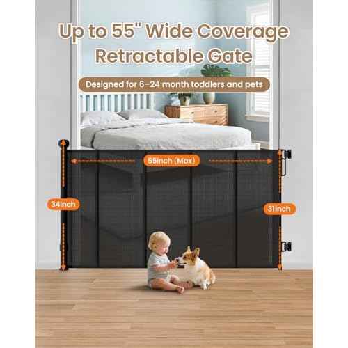 Retractable Baby Gate, 55" Wide Mesh Gate with 4 Reinforced Rods, Prevents Kids & Dogs from Crawling Under, 34" Tall Easy-to-Use Pet Gate for Stairs, Bedrooms, Hallways, Indoor/Outdoor, Black