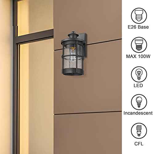 Outdoor Wall Sconces, Outdoor Wall Lights, Exterior Wall Mount Lighting, Exterior Fixture in Black Finish with Seeded Glass for Porch, Garage, Patio, Hallway, Entryway, Black 1 Pack