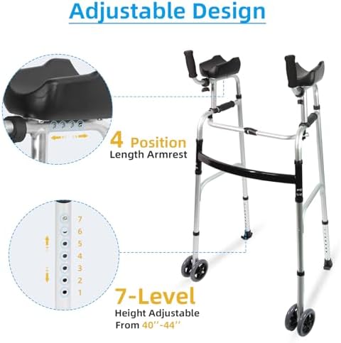 Dual-Wheel Stand Up Walker with Armrest Pad - Aluminum Standard Walker with Small Bag, Fadable Walkers for Seniors, Elderly, Platform Walker with Arm Support, Standing Upright Walkers, Silver