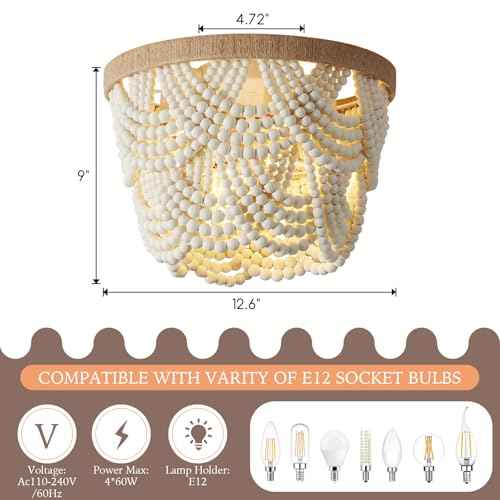 White Boho Mini Chandelier£¬ 2-Tier Wood Beaded Flush Mount Ceiling Light for Bedroom Hallway Entryway Closet Laundry Room Nursery Room 4-Lights