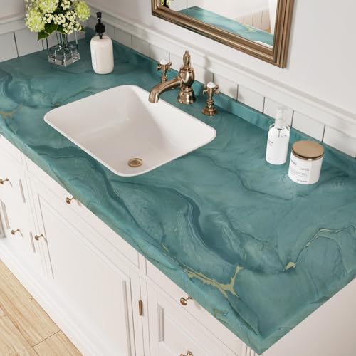 Wallercity Teal Marble Contact Paper Peel and Stick Countertops Waterproof Wallpaper for Bathroom Kitchen Marble Blue Wallpaper for Counter Top Dresser Cabinets Table Vinyl Wall Paper 15.8''x78.7''