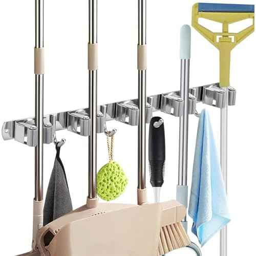 Broom Holder Wall Mount Heavy Duty, Mop Holder with Hooks, Broom and Mop Organizer Wall Hanging Self Adhesive for Kitchen Garden Garage (5 Racks 4 Hooks)