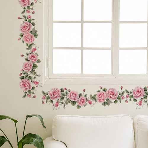 Pink Siren Rose Flower Vine Wall Stickers, sacinora Floral Art Botanical Wall Decals Removable Vinyl Peel and Stick for Furniture Door Living Room Bedroom Nursery Decorations