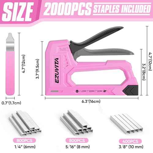 Light Duty Staple Gun for Wood, Pink Upholstery Staple Gun Kit with 2000pcs JT21 Staples 1/4, 5/16, 3/8 inch and Staple Remover, Stapler Gun for Crafts, DIY, Classroom, Decoration