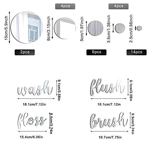 Nuanchu 30 Pcs Bathroom Wall Decals Brush Wash Flush Floss Stickers 3D Round Mirrors Wall Decal Self Adhesive DIY Acrylic Mirror Decor Beautiful Art Words Decor for Home Bedroom (Silver)