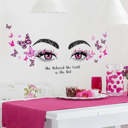 Pink Eyelash Eyes Butterfly Wall Stickers, sacinora Inspirational Quotes Motivational Word DIY Wall Decals Removable Vinyl Peel and Stick for Women Girl Kids Living Room Bedroom Nursery Art Decor
