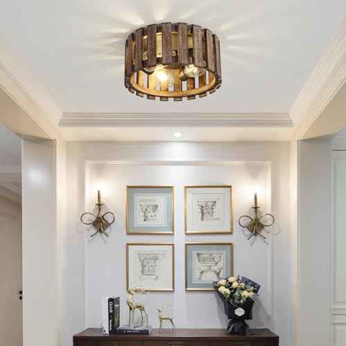 Farmhouse Flush Mount Ceiling Light, 12.2 Inch 3-Light Metal and Wood Close to Ceiling Light Fixture, Rustic Ceiling Light for Kitchen, Dining Room, Living Room, Hallway