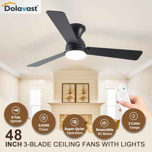 Ceiling Fans with Lights, 48 inch Low Profile Ceiling Fan with Light and Remote Control, Flush Mount, Reversible, 3CCT, Dimmable LED, Noiseless, Black Ceiling Fan for Bedroom, Dining Room