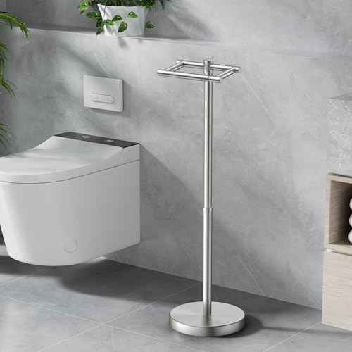 Toilet Paper Holder Stand Adjustable, Freestanding Tissue Roll Holder for Bathroom, Pivoting Design, Durable SUS 304 Stainless Steel and Weighted Base Toilet Paper Storage Holder, Brushed Nickel