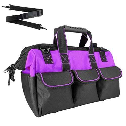 Garden Tools Bag 16 inch Wide Mouth Tool Bag with Molded Base Tool Tote for Women, Heavy Duty,600D polyester fabric (Purple color)