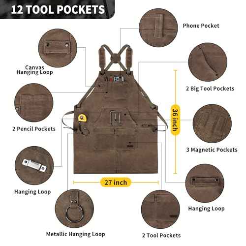 AOLEBA Woodworking Apron for Men,Heavy Duty Waxed Canvas Work Tool Apron with 12 Tool Pockets for Workshop, Mechanic, Carpenter, Blacksmith, Mens Aprons Gifts for Dad Father Men (Dark Brown)