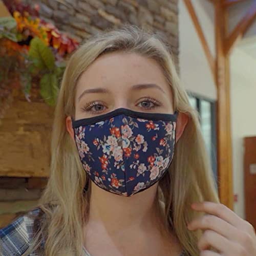 3PCS Floral Face Mask - Outter Navy Blue Inner White Cotton - Reusable Cloth Comfy Breathable Material - for Outdoor Half Face Protections - Cute Face Protections for Women Man