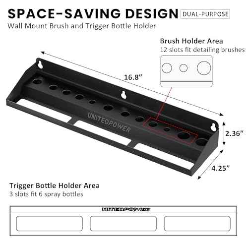 UNITEDPOWER Brush and Trigger Bottle Holder, Wall Mount Storage Rack Organizer for Auto Repair Shops Car Washes And Home Garages, Stores up to 12 Detailing Brushes & Hanging Rail for Bottles