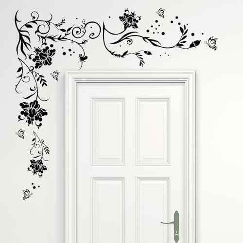 Supzone Flowers & Butterflies Wall Decals - DIY Black & Floral Wall Stickers for Bedrooms & Living Rooms