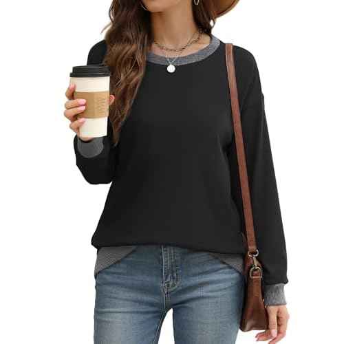 Saloogoe Sweatshirts for Women Crewneck Long Sleeve Loose Fit Tops Color Block Ribbed Trim Fashion 2025
