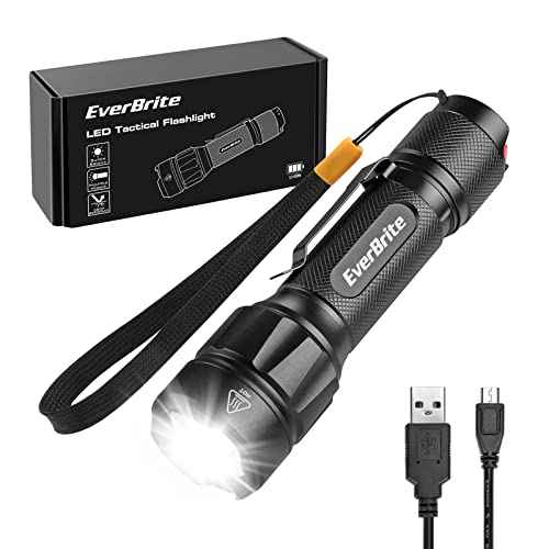 EverBrite LED Tactical Flashlight, Rechargeable Flashlight 750 Lumens with Lanyard & Clip, 6 Modes (High/Medium/Low/Strobe/SOS/Turbo), for Camping, Hiking, Emergency, Survival Use