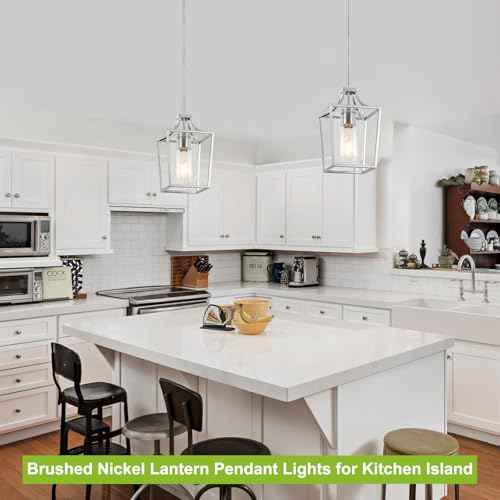 Brushed Nickel Lantern Pendant Light Fixture Pendant Lights for Kitchen Island with Clear Glass Shade, Adjustable Height Rods Pendant Lighting for Dining Room Kitchen Foyer Hallway