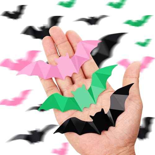 HOMIEE Halloween Party Supplies Hallween Decorations 3D Bat 64PCS Wall Decor, Pink Bats for Wall PVC Door Bats Stickers & Decals for Home Indoor Spooky Theme Party Supplies