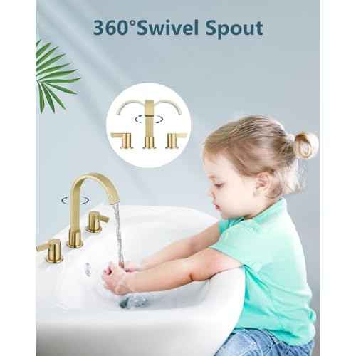 Aolemi Bathroom Faucets 3 Hole,8 Inch Widespread Waterfall Bathroom Sink Faucet,2 Handles Vanity Faucet with Pop-up Drain and Supply Hose,Gold