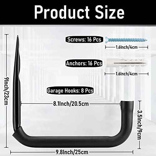 8 Pack Ladder Hooks 9.8Inch Garage Storage Utility Hook Heavy Duty Wall Mounted Storage Organizer Hanging Folding Chair Bike Ski Tool