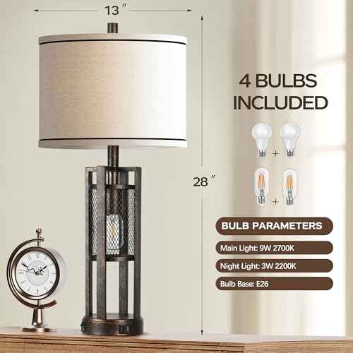 28'' Farmhouse Industrial Table Lamp Set of 2 - Rustic Bedside Nightstand Lamps with Dual USB A+C Ports, Bronze Metal Mesh Nightlight Desk Lamps for Bedroom Living Room, 4 LED Bulbs Included