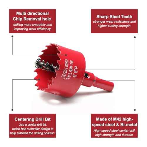 1-3/4 Inch Hole Saw for Wood, 45mm HSS BI-Metal Hole Saw for Recessed Lighting, 30mm Cutting Depth Hole Cutter with Hex Shank Drill Bit Adapter for Cornhole Boards Plastic Drywall Fiberboard, Red