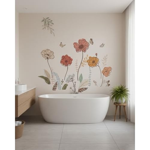 Boho Wall Stickers, Flower Wall Decals, Boho Decor Art for Bedroonm Living Room Nursery Stickers & Murals, Wildflower Floral Themed Decals Peel and Stick
