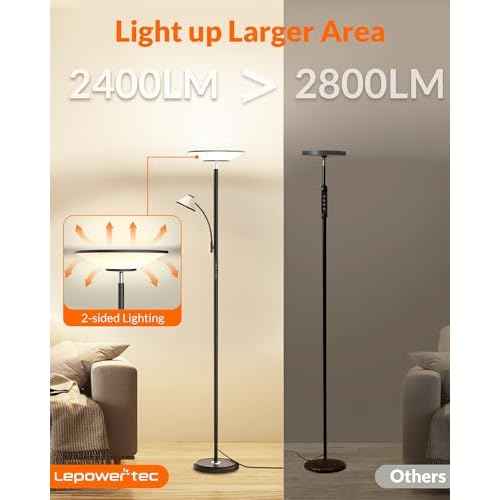 LEPOWER-TEC Bright Floor Lamp, Standing Lamp with Remote & Wall Switch, 60 Lighting Effects, Adjustable Torchiere Corner Light for Living Room, Bedroom, Office. Perfect for Reading & Ambiance