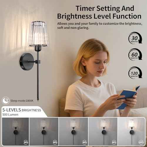 Battery Operated Crystal Wall Sconces Set of Two, Black Wireless Wall Lamp with Crystal Shades, Rechargeable LED Bulbs, 12-Colors Dimmable, Remote for Bedroom, Living Room, Bulbs Included
