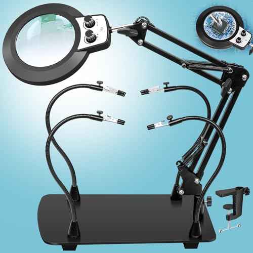 Helping Hands Soldering Station, 10X Magnifying Glass with Light and Stand, Infinite Color Stepless Dimming, 12 * 8 Inches Non-Slip Metal Base Magnifier Lamp for Welding Repair Hobby Craft