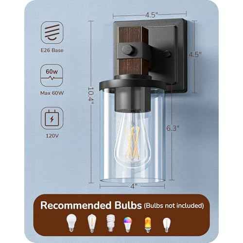 EDISHINE Wall Sconces Set of 2, Farmhouse Vanity Light Fixtures with Clear Glass Shade & Dark Brown Wood Grain Paint, 1-Light Wall Mount Lamp for Bathroom, Hallway, Living Room, Mirror, Kitchen