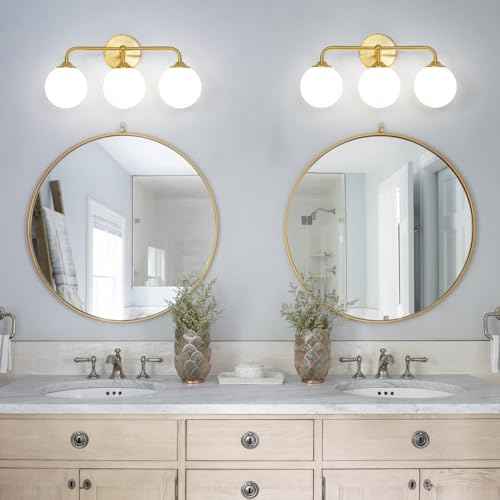 Modern Brushed Gold 3-Lights Vanity Light Fixtures with Milky White Glass Ball Shades, Mid Century Brass Wall Sconce Lighting Fixtures over Mirror, Wall Sconces for Bathroom Dressing Table Bedroom