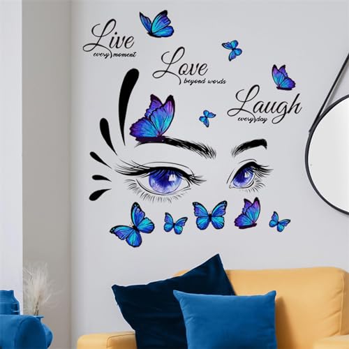 Blue Eyelash Eyes Butterfly Wall Stickers, sacinora Inspirational Quotes Motivational Word DIY Wall Decals Removable Vinyl Peel and Stick for Women Girl Kids Living Room Bedroom Nursery Art Decoration
