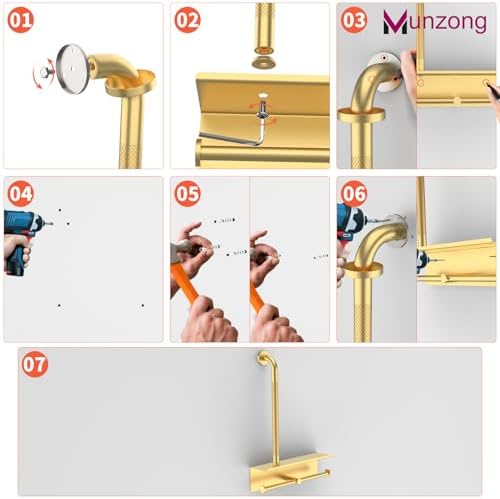 Bathroom Grab Bar w/Toilet Tissue Roll Holder, Gold 3 in 1 Double Toilet Paper Holders w/Storage Shelf, Anti Slip Stainless Steel Safety Hand Rail Support Handicap Elderly Senior Assist Bath Handle