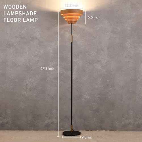 O'Bright Cascade Floor Lamp ? Modern Wooden Layered Lampshade, E26 Socket, Pull Chain Switch, Metal Base, Standing Lamp for Living Room, Bedroom, Office, Black